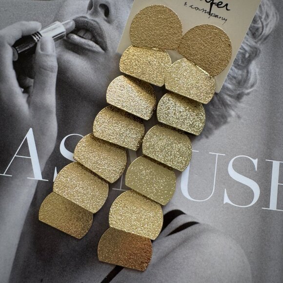 Gold Textured Drop Earrings, Modern Statement Dangle Earrings, Minimal Glam - Picture 1 of 7